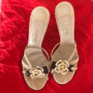 Chanel strappy 3 inch heels with flower detail